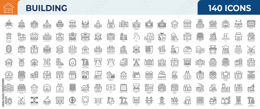 Naklejka premium Set of 120 outline icons related to Building. Mega collection icons. Vector illustration