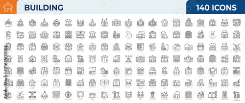 Set of 120 outline icons related to Building. Mega collection icons. Vector illustration