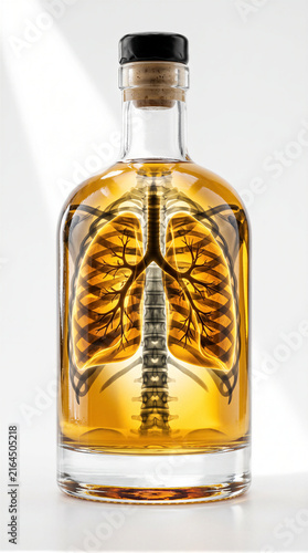 transparent glass bottle filled with liquor revealing an X-ray of human lungs and ribcage, conceptual image representing alcohol addiction, health damage, cirrhosis and cancer