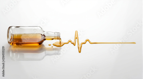 spilled liquor from a glass bottle forming an electrocardiogram heartbeat line on white background, conceptual image representing alcoholism, cirrhosis, health risk and addiction