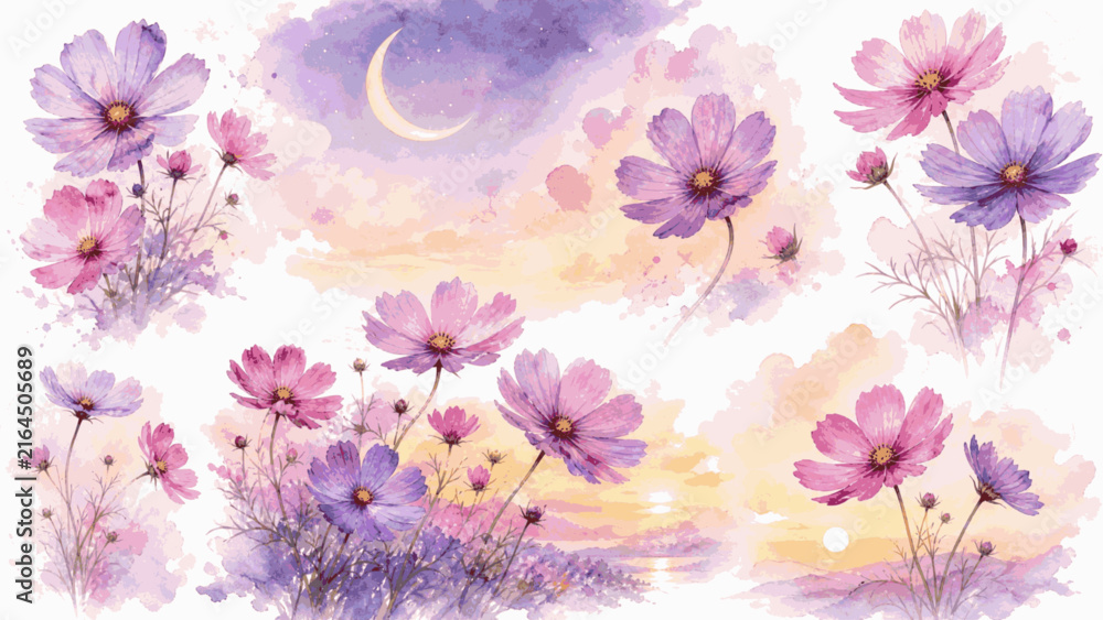 Fototapeta premium Evening Bloom Purple Sky & Flowers isolated watercolor vector illustration svg