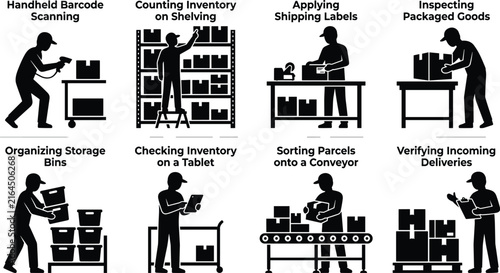Warehouse Inventory Management Silhouette Collection with Barcode Scanning, Stock Control and Logistics Operations