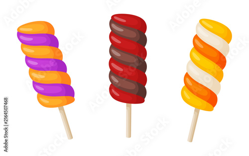 Cute Halloween twisted lollipop hand drawn vector set. Features cartoon spiral candy suckers on wooden sticks in festive autumn colors. Perfect for holiday sticker design and party invitations.
