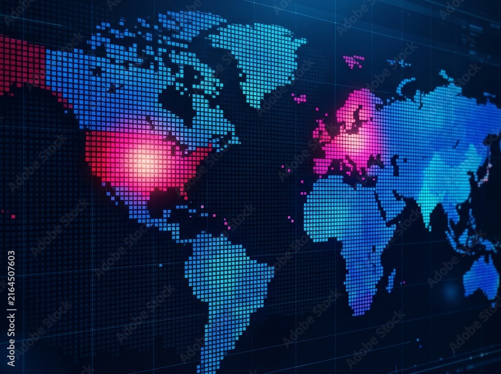 Obraz premium A digital world map in blue and pink hues, highlighting continents with a pixelated effect, set against a dark background.