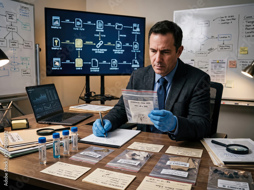 Detective examining evidence in a forensic lab with digital investigation data on screen