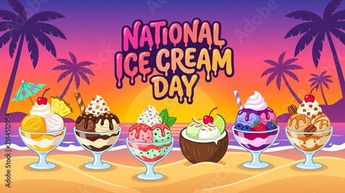 Colorful cartoon beach scene at sunset with various ice cream sundaes celebrating National Ice Cream Day symbolizing summer joy sweetness and tropical fun atmosphere  generative ai