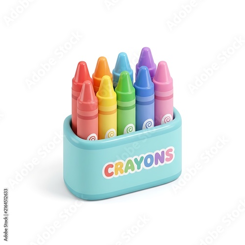 Colorful rainbow wax crayons in blue plastic holder 3D illustration isolated on white background
