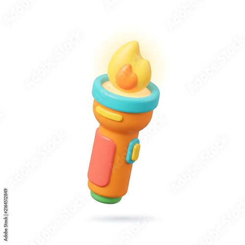 3D stylized toy flashlight with glowing yellow flame isolated on white background in cartoon render style