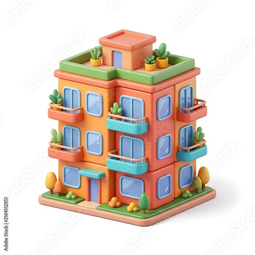 Colorful isometric 3D stylized apartment building with balconies and green rooftop plants on white background