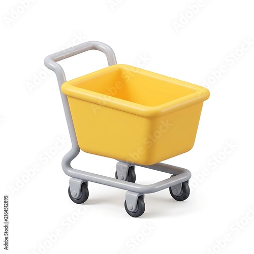 Isometric 3D illustration of yellow shopping trolley with grey frame isolated on plain white background
