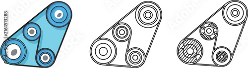 Car Engine Timing Belt and Serpentine Pulley System Icon Set with Linear Mechanical Parts for Automotive Repair and Engineering Designs