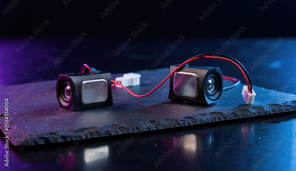 Fototapeta premium Two small micro speakers with wires on a slate stone background