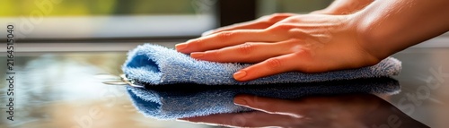 Person using blue microfiber cloth to clean and polish shiny surface reflecting natural light during housework routine