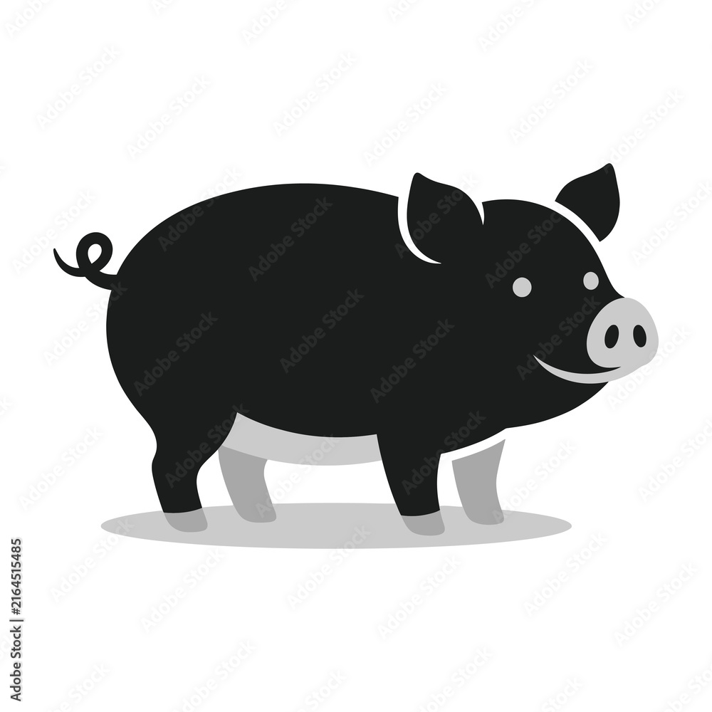 Obraz premium Black pig cartoon character smiling facing right on white background