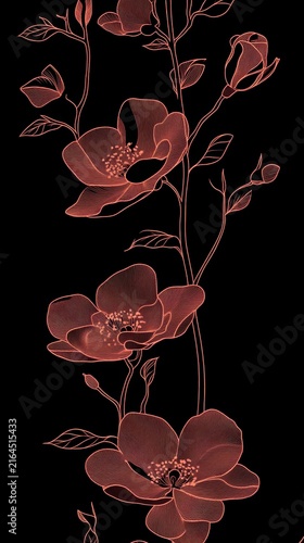 Elegant minimalist red floral art pattern on deep black background design sophisticated red floral art illustration on dark background