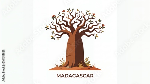 Illustration of a Leafless Tree with Small Leaves and Plants in Soil Representing Madagascar