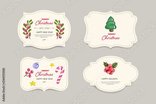 Merry Christmas label banner tag set. Vintage Watercolor hand draw illustration vector design.
