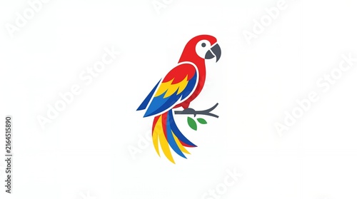 Colorful Parrot Illustration Bright Red Yellow Blue Green Feathers Sitting on Branch