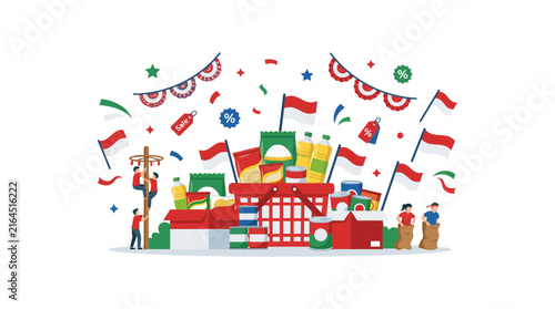 Indonesian Independence Day street market with national flags.