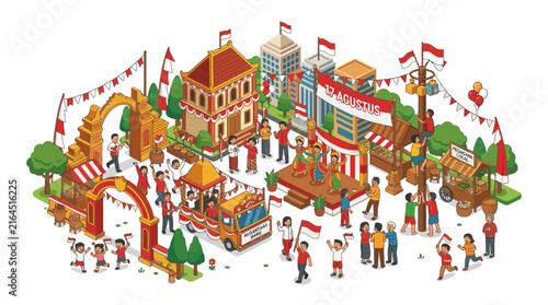 Indonesian Independence Day street festival celebration with flags.