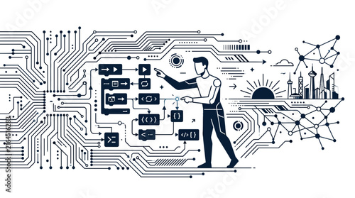 Infographic of man interacting with AI data nodes.