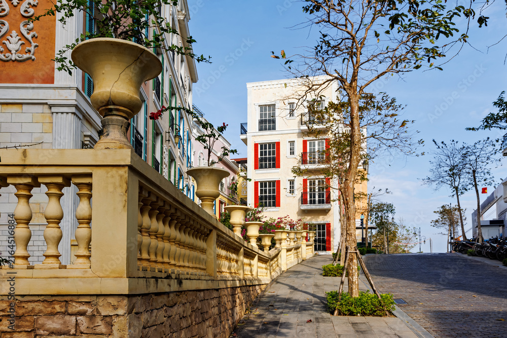 Fototapeta premium Mediterranean style buildings and street in Phu Quoc Vietnam