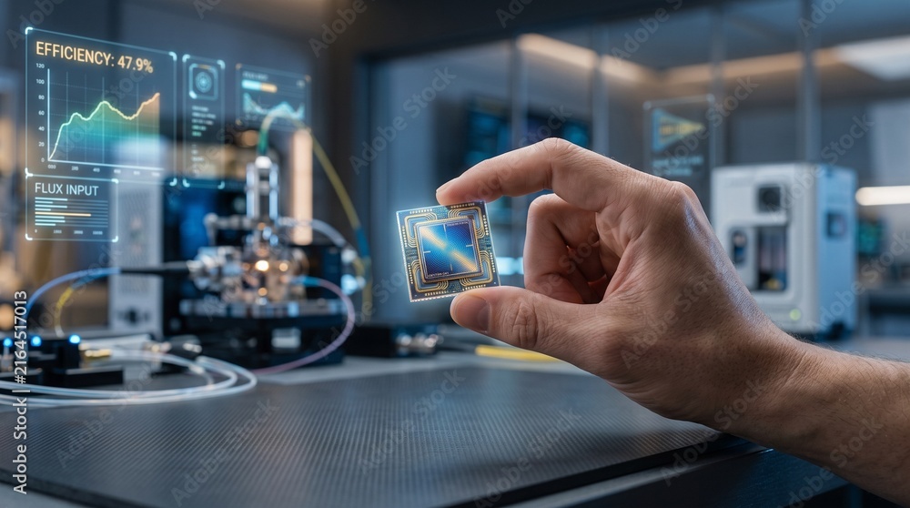 Fototapeta premium Engineer holding advanced quantum processor chip in high-tech laboratory