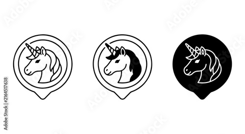 Magical Unicorn Head Icons, Fantasy Creature Location Pins, Mythical Horse Symbols, Vector Art Set