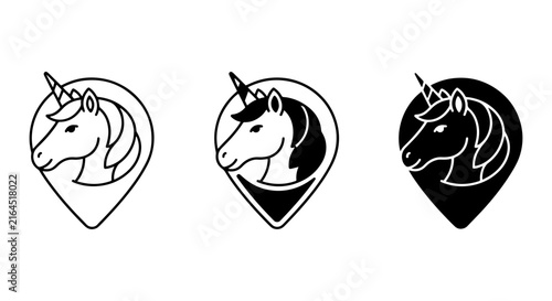 Unicorn Location Pin Icons, Mythical Creature Map Marker Vector Set, Fantasy Navigation Symbols
