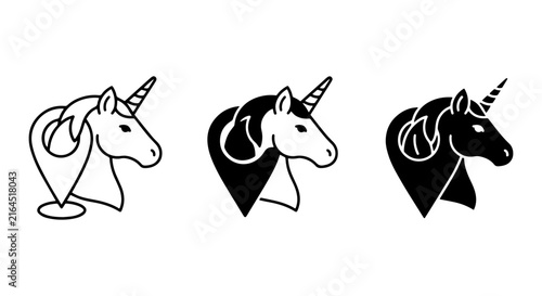 Unicorn Location Pin Icons, Mythical Creature Map Marker Vector Set, Fantasy Navigation Symbols