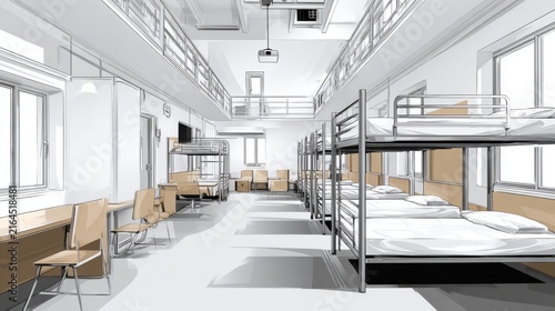 Modern Dormitory Interior with Bunk Beds and Study Area