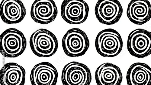 Seamless repeating pattern featuring hand drawn black spirals on clean white background surface design texture