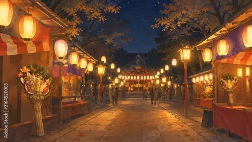 たくさんの提灯と出店の明かりが幻想的に参道を照らす夜の神社の夏祭り風景