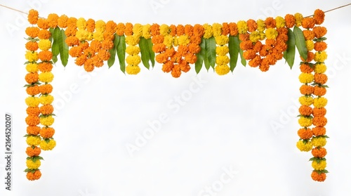 Traditional indian marigold flower garland with green mango leaves, isolated on white background, used for festive decorations and celebrations