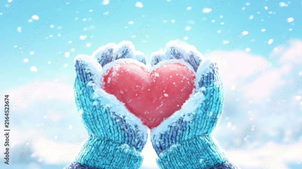 Obraz premium Hands in Blue Knitted Mittens Holding a Red Heart Shape in Winter Snow