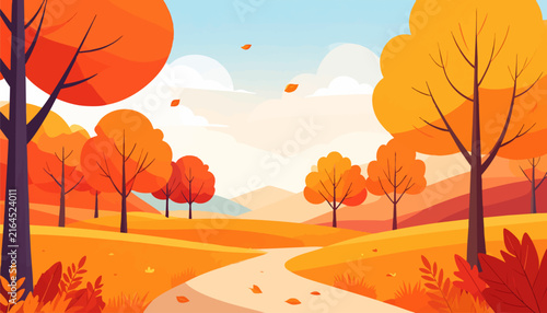 Vibrant autumn landscape with a winding path through colorful fall foliage and hills