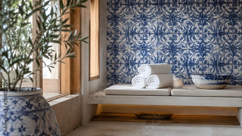 Relaxing Spa Interior with Rolled Towels and Decorative Tile Wall