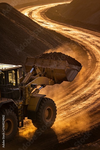 Heavy Wheel Loader Carrying Mined Ore Across Active Mining Stockpile