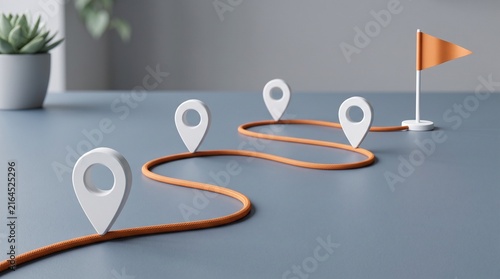 Route planning path with location markers representing logistics navigation, delivery optimization and destination strategy