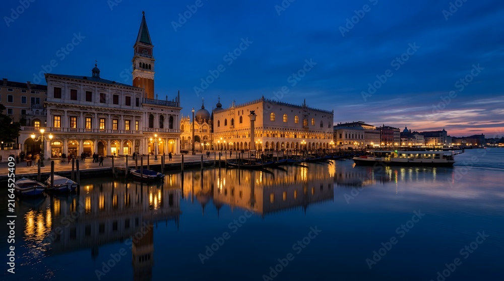 Fototapeta premium Stunning panoramic view of the venice waterfront at twilight with illuminated historic buildings reflected in the calm water