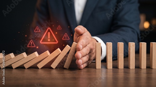 Risk prevention concept with hand stopping falling dominoes to protect business continuity and limit cascading failure