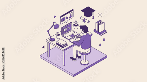 Isometric Illustration of a Student Engaged in Online Learning and Remote Education at a Desk with Academic Symbols