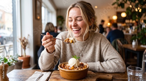 Apple crumble with ice cream, Young woman eating dessert and smiling in a cozy cafe  