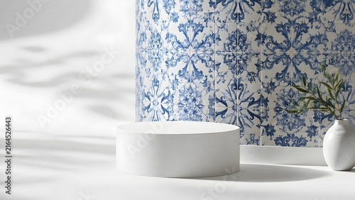 Blank White Display Podium Against Blue and White Tile Wall