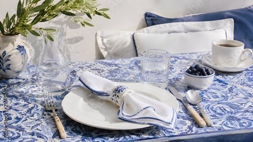 Summer Outdoor Dining Table Set with Blue and White Tile Surface