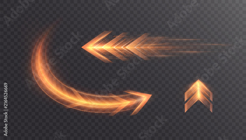 Illuminated orange direction arrows with curved and straight light trails, dynamic motion lines and speed effects.