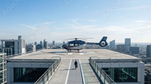 Helicopter on rooftop with human