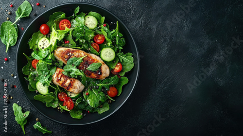 Top view Grilled chicken breast, fillet and fresh vegetable salad of lettuce, arugula, spinach, cucumber and tomato