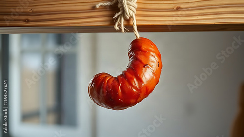 Close-up of a glossy red smoked sausage hanging from a rope.