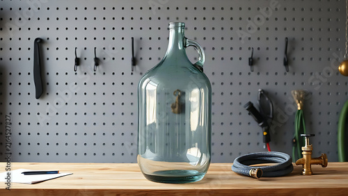 Heavy glass demijohn on workbench with hose and spigot, home brewing concept.